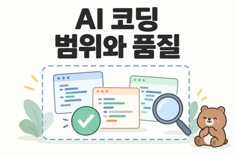 작업 범위 안의 코드 카드와 검수 돋보기로 표현한 AI 코딩 품질 표지