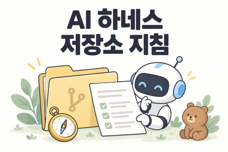 지침 문서와 나침반을 확인하는 AI 로봇으로 표현한 저장소 지침 표지