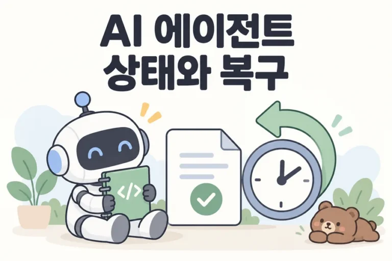 기록 노트와 복구 시계로 표현한 AI 에이전트 상태 관리 표지