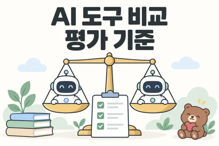 두 AI 도구와 평가 기록지를 저울로 비교하는 공정한 평가 기준 표지