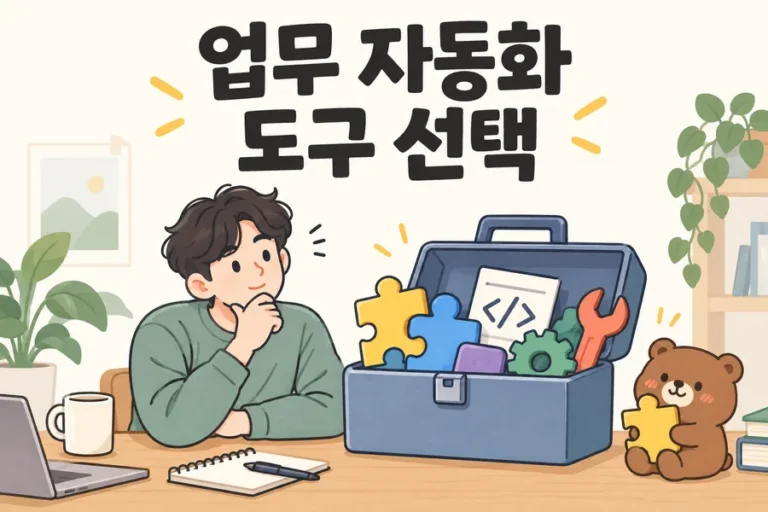 퍼즐 도구와 코드 문서로 표현한 업무 자동화 도구 선택 표지