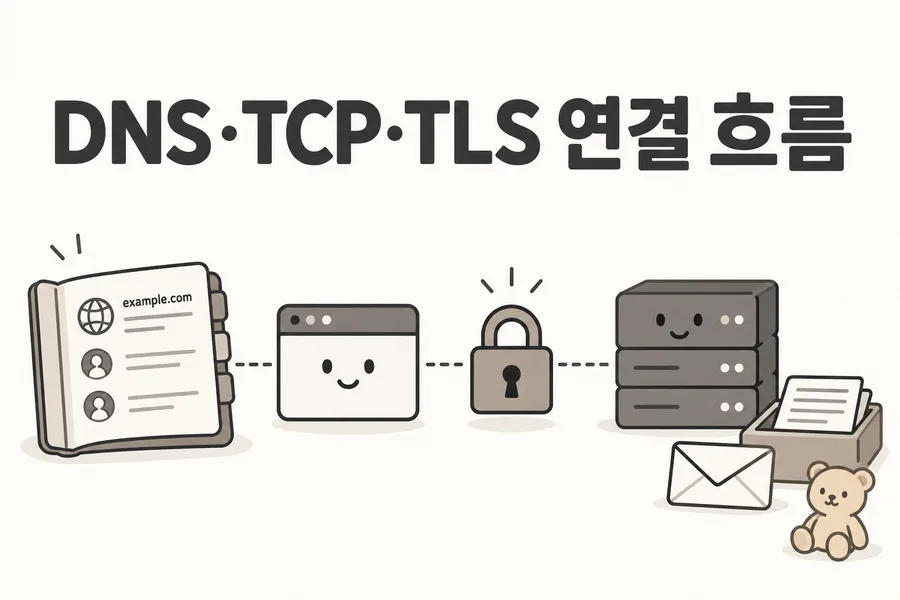 DNS·TCP·TLS 연결 흐름을 표현한 주소록과 브라우저·자물쇠·서버