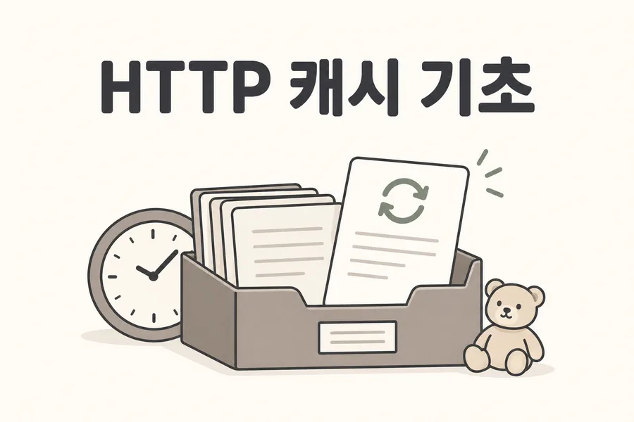 HTTP 캐시와 재검증을 표현한 문서 보관함·시계·새로고침 기호