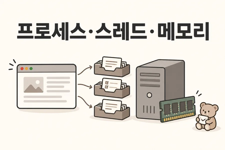프로세스·스레드·메모리를 표현한 브라우저·작업 카드·서버와 메모리