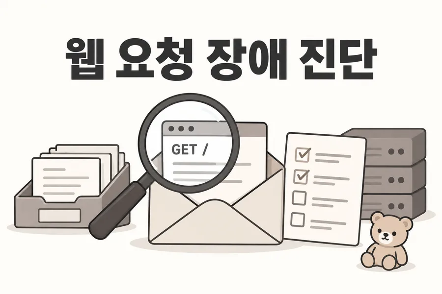 웹 요청 장애 진단: DNS·HTTP·CORS·인증·캐시 문제를 계층별로 찾기 1 웹 요청 장애 진단을 표현한 돋보기·요청 편지·체크리스트와 서버
