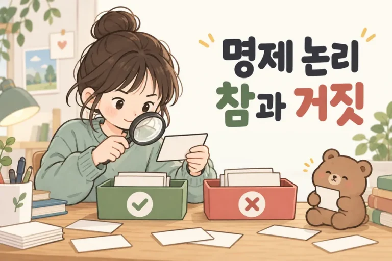 문장 카드를 참과 거짓으로 살펴보는 명제 논리 표지