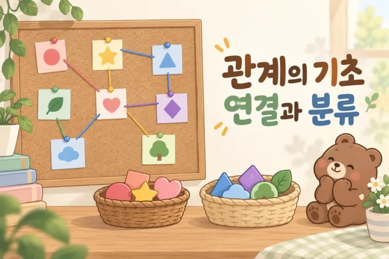색깔 카드의 연결과 묶음으로 표현한 관계와 분류 표지