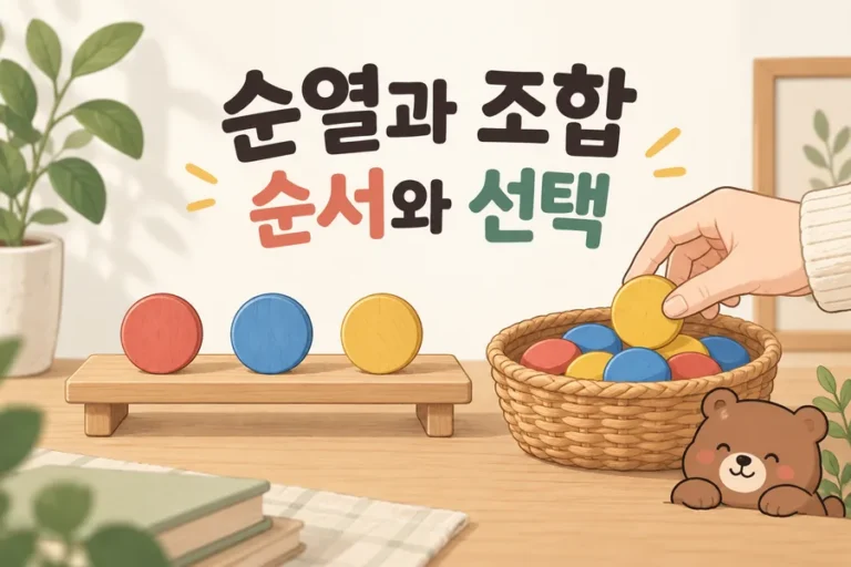 진열된 조각과 선택 바구니로 표현한 순열과 조합 표지