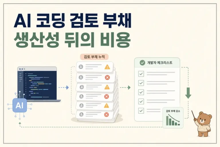 AI 코딩 도구의 검토 부채와 개발자 체크리스트를 보여주는 대표 이미지