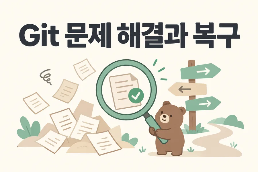 돋보기와 문서로 표현한 Git 문제 해결과 복구 표지