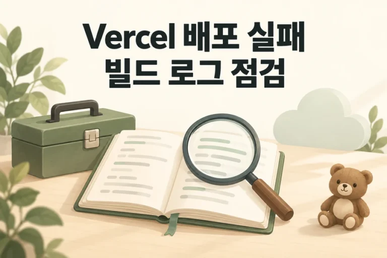 돋보기와 기록장으로 표현한 Vercel 배포 실패 및 빌드 로그 점검 표지