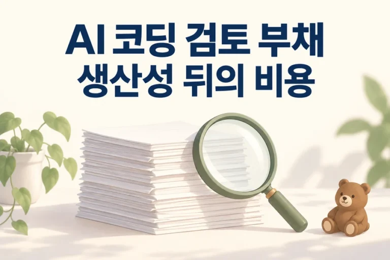 쌓인 문서와 돋보기로 표현한 AI 코딩 검토 부채와 생산성 뒤의 비용 표지