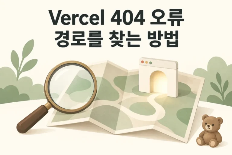 지도와 브라우저 문을 찾는 돋보기로 표현한 Vercel 404 오류 해결 표지