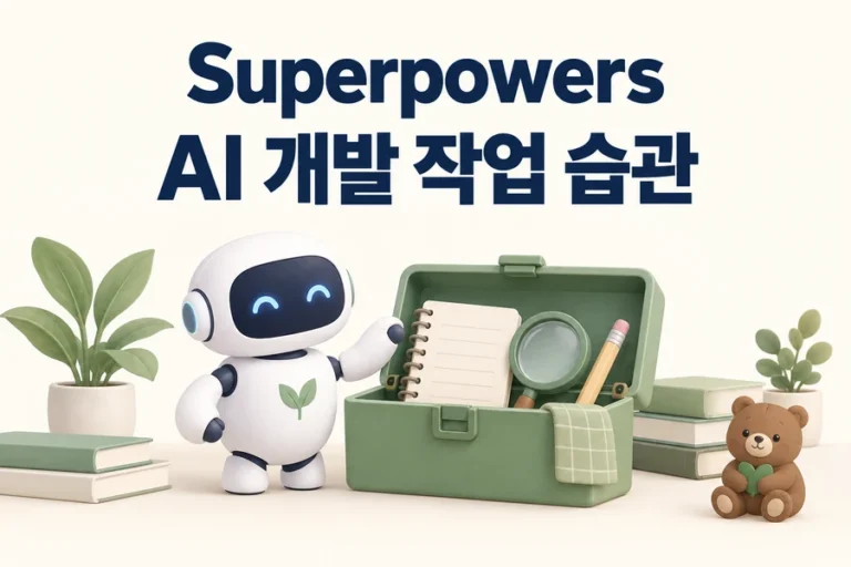 노트와 돋보기 도구함을 준비하는 로봇으로 표현한 Superpowers AI 개발 작업 습관 표지