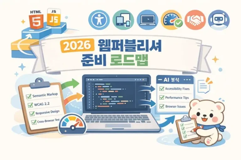 웹퍼블리셔 준비 로드맵을 노트북과 학습 점검표로 표현한 주제 일러스트