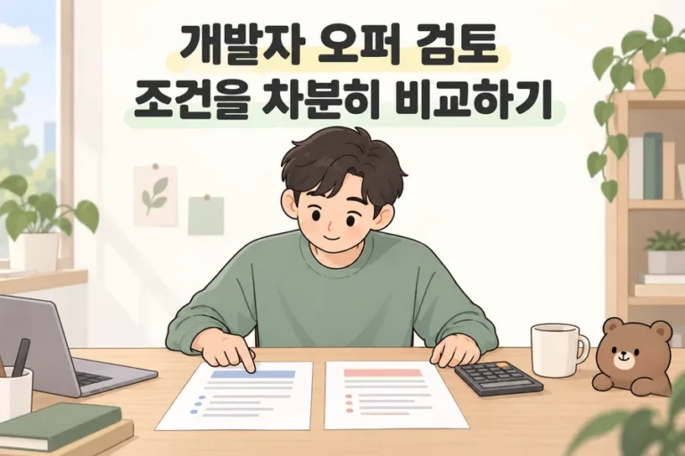 개발자 오퍼 검토 조건을 차분히 비교하기 주제 일러스트