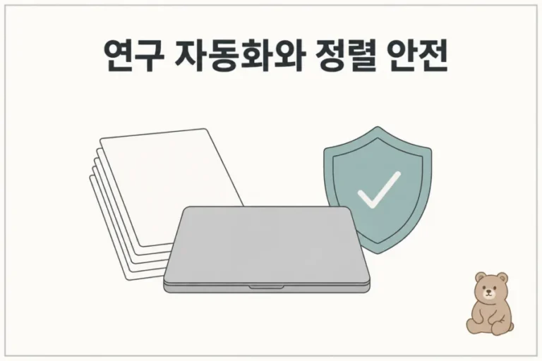 연구 자동화와 정렬 안전성을 문서와 개발 도구로 함께 표현한 차분한 2D 기술 잡지 표지 일러스트