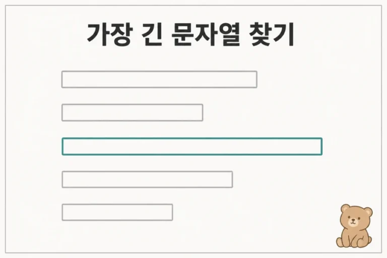 문자열 배열에서 각 항목의 길이를 비교해 가장 긴 문자열이 선택되는 모습을 표현한 2D 일러스트