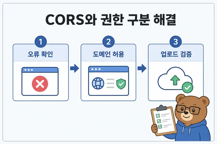 CORS와 권한 구분 해결: 오류 확인, 도메인 허용, 업로드 검증