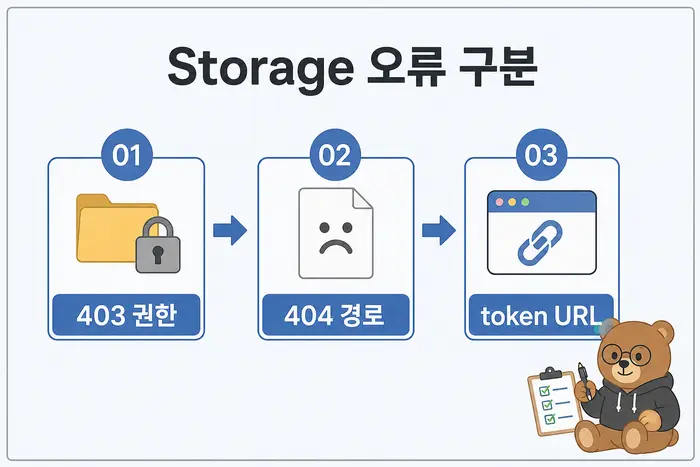 Storage 오류 구분: 403 권한, 404 경로, token URL