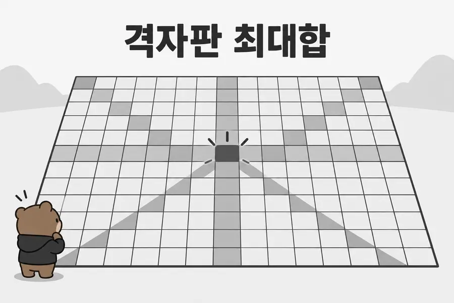 격자판 최대합 풀이: 행·열·대각선 합을 어떻게 비교할까요? 1 격자판에서 행·열·두 대각선의 합을 비교하는 격자판 최대합 표지