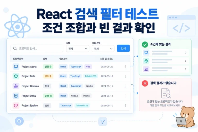 React 검색 필터 테스트: 교집합·빈 결과·입력 초기화 검증 주제 일러스트