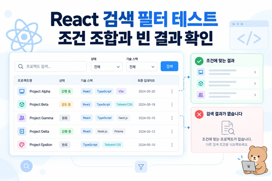 React 검색 필터 테스트: 교집합·빈 결과·입력 초기화 검증 주제 일러스트
