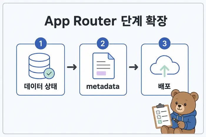 App Router 단계 확장: 데이터 상태, metadata, 배포