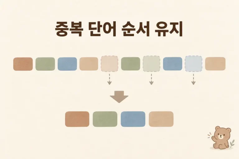 중복 단어를 제거하며 첫 등장 순서를 유지하는 중복단어제거 풀이 대표 이미지