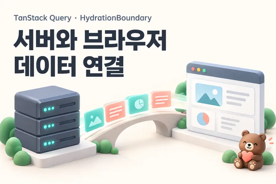 HydrationBoundary로 서버 데이터와 브라우저 캐시를 연결하는 과정을 표현한 표지