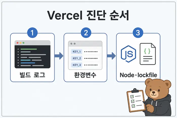 Vercel 진단 순서: 빌드 로그, 환경변수, Node·lockfile