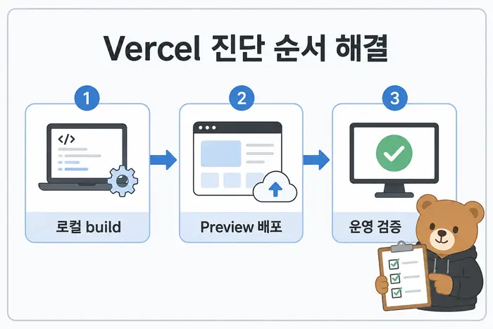 Vercel 진단 순서 해결: 로컬 build, Preview 배포, 운영 검증