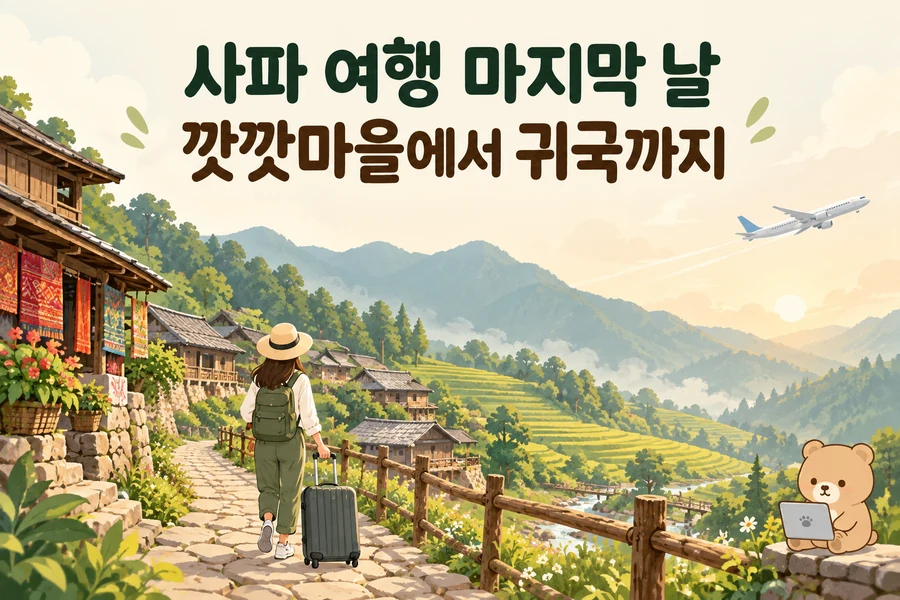 사파 마지막 날: 깟깟마을과 노이바이 공항 귀국 주제 일러스트