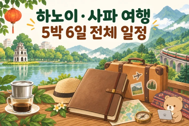 하노이·사파 5박 6일 여행: 야간 이동과 전체 일정 주제 일러스트