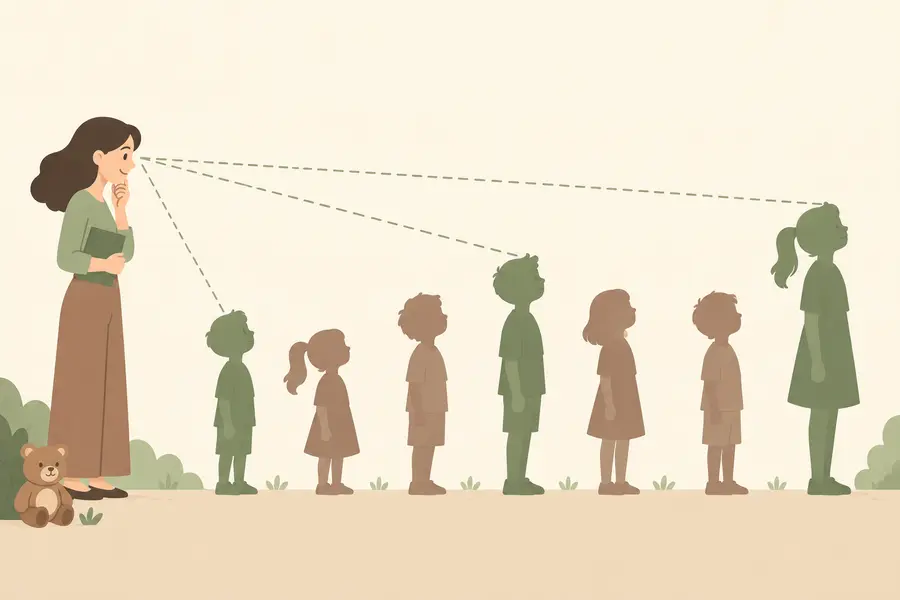 선생님의 시선에서 앞사람들보다 큰 학생이 보이는 원리를 나타낸 그림