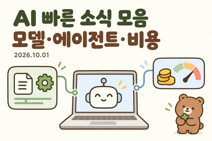 2026년 10월 1일 BlogFlow AI 빠른 소식 모음: 모델 선택·에이전트 작업·비용 조건을 표현한 표지와 초록 클로버를 든 작은 갈색 곰