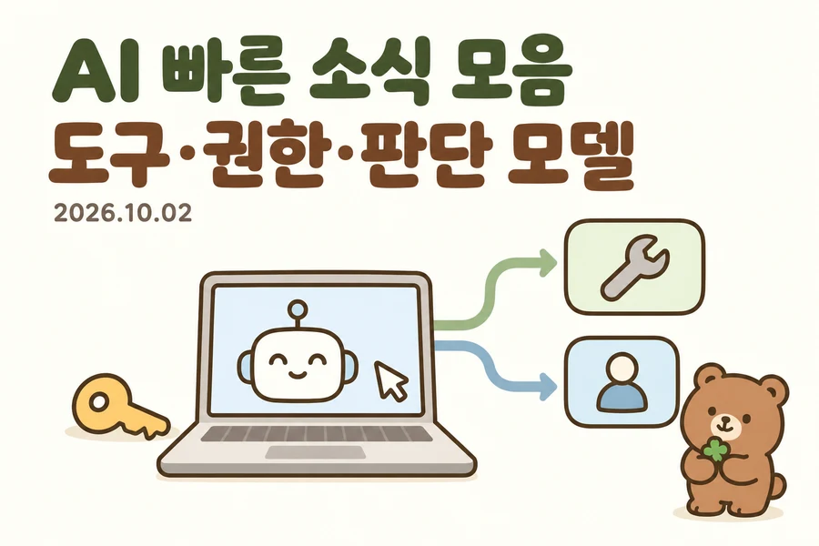 2026년 10월 2일 AI 빠른 소식 모음: 도구·권한·판단 모델을 표현한 표지와 초록 클로버를 든 갈색 곰