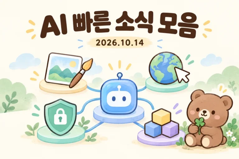 2026년 10월 14일 AI 빠른 소식 모음 표지. AI와 연결된 그림·붓, 웹 지구본·커서, 보안 방패·모듈과 클로버를 든 작은 갈색 곰
