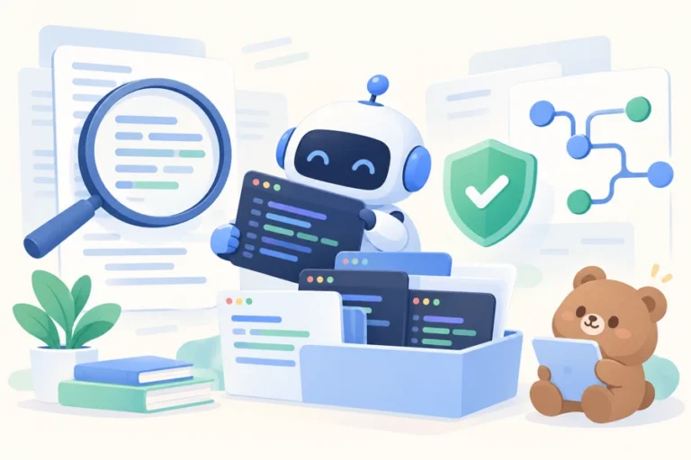 코드 검토와 문서 검색, 여러 저장소 연결을 살피는 로봇과 작은 파스텔 갈색 BlogFlow 곰