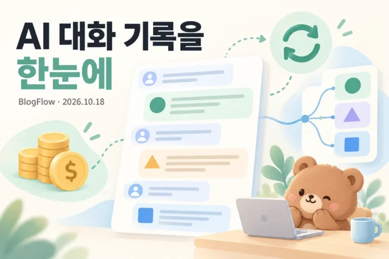AI 대화의 요청과 비용, 캐시 재사용 및 모델 경로를 함께 살펴보는 모습을 그린 BlogFlow 설명용 일러스트