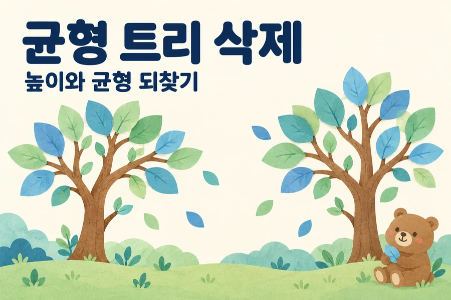 AVL 트리 삭제: 높이 갱신과 연속 균형 복구 주제를 표현한 밝은 일러스트와 작은 곰 표지