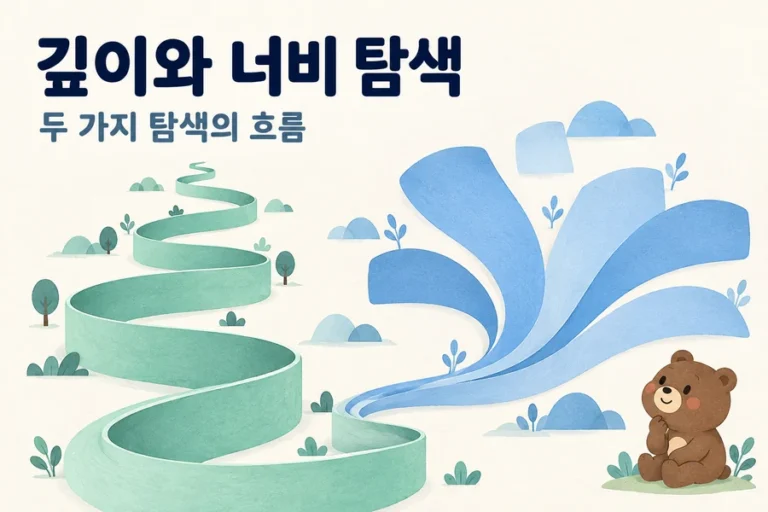 DFS와 BFS 비교: 깊이·대기열·최소 간선 수를 구분하기 주제를 표현한 밝은 일러스트와 작은 곰 표지