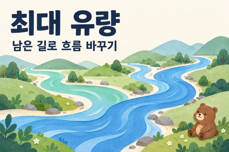 포드 풀커슨 최대 유량: 잔여 용량과 역방향 간선으로 선택 수정하기 주제를 표현한 밝은 일러스트와 작은 곰 표지