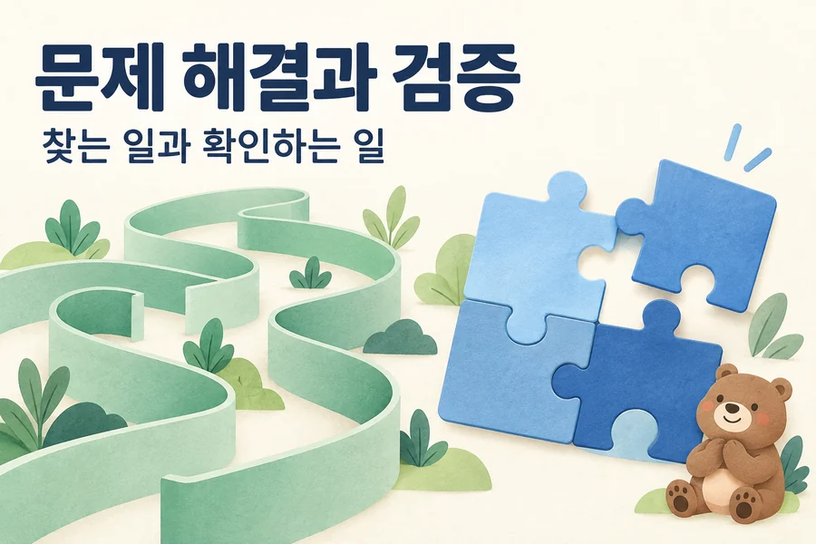 P와 NP: 답을 찾는 일과 확인하는 일의 차이 주제를 표현한 밝은 일러스트와 작은 곰 표지