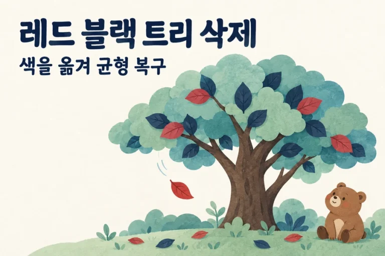 Red-Black 트리 삭제: LLRB 색 이동과 검은 높이 복구 주제를 표현한 밝은 일러스트와 작은 곰 표지