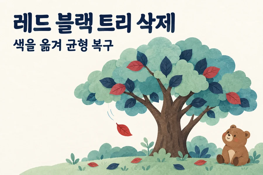 Red-Black 트리 삭제: LLRB 색 이동과 검은 높이 복구 1 Red-Black 트리 삭제: LLRB 색 이동과 검은 높이 복구 주제를 표현한 밝은 일러스트와 작은 곰 표지