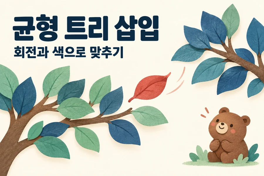 Red-Black 트리 삽입: LLRB 회전과 색 변환 주제를 표현한 밝은 일러스트와 작은 곰 표지