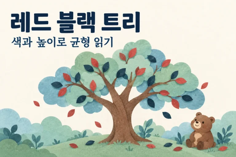Red-Black 트리 원리: 색과 검은 높이로 균형 읽기 주제를 표현한 밝은 일러스트와 작은 곰 표지