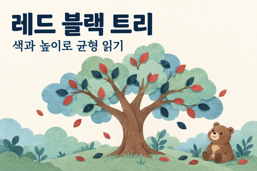 Red-Black 트리 원리: 색과 검은 높이로 균형 읽기 1 Red-Black 트리 원리: 색과 검은 높이로 균형 읽기 주제를 표현한 밝은 일러스트와 작은 곰 표지