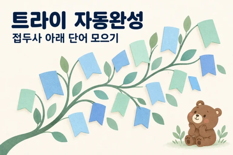 Trie 자동완성: 접두사 아래 단어를 정해진 순서로 모으기 주제를 표현한 밝은 일러스트와 작은 곰 표지